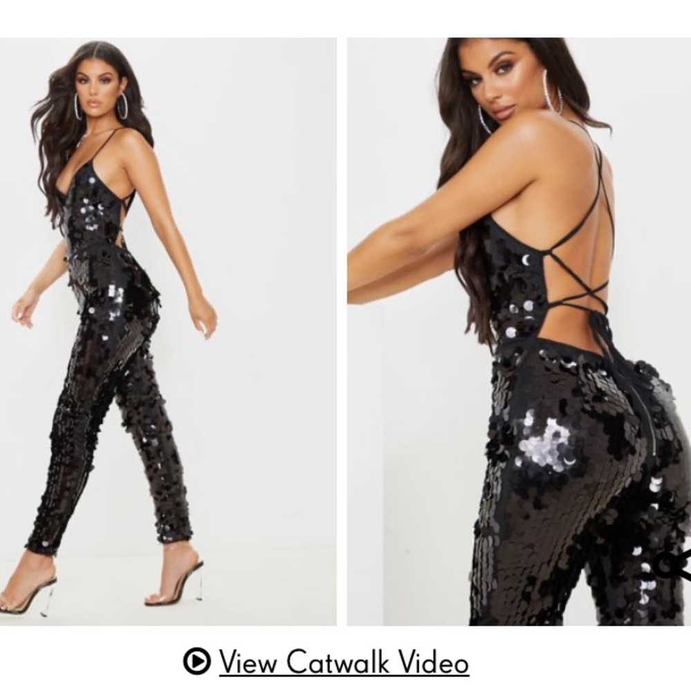 Black disc sequin plunge jumpsuit